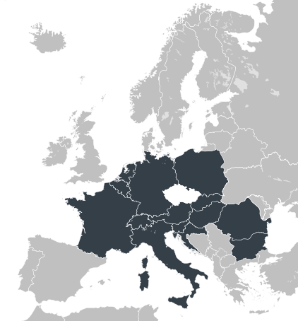 Mapa Evropy a obsluhovaných oblastí